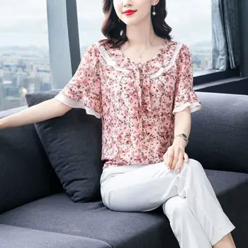 2023 Новая Корейская шифоновая рубашка с фрагментами, Женская Летняя Свободная модная блузка с коротким рукавом, Элегантные топы в стиле пэчворк с принтом