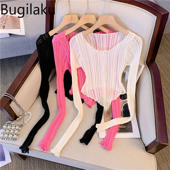 Bugilaku, корейские шикарные футболки неправильной формы, женские однотонные облегающие универсальные футболки, женские трикотажные топы с длинными рукавами изнутри
