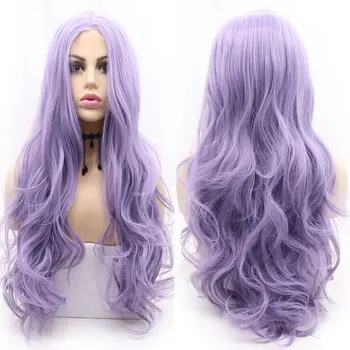 Лавандово-фиолетовые синтетические волосы на кружеве, парики натуральной волны, высококачественное термостойкое волокно, предварительно выщипанная средняя часть для женщин