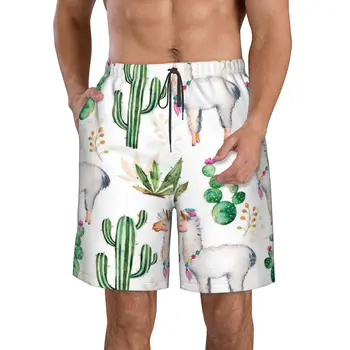 Милые мужские плавки с принтом альпаки, ламы и кактуса, Быстросохнущие пляжные плавки с завязками на талии, пляжные шорты с сетчатой подкладкой