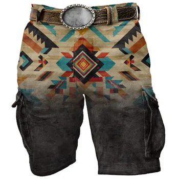 Мужские шорты-карго, летние мужские шорты в западном этническом стиле, мужская повседневная уличная одежда, Шорты-карго с несколькими карманами, ацтекский геометрический узор.