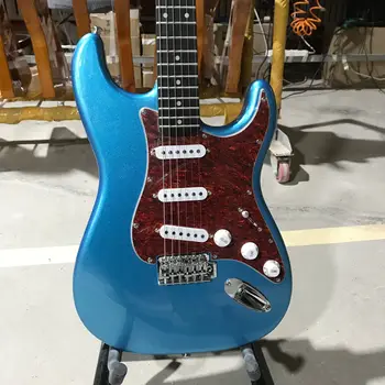 Электрогитара ST с металлическим твердым корпусом Синего цвета, красная накладка из панциря черепахи, высококачественная гитара, бесплатная доставка